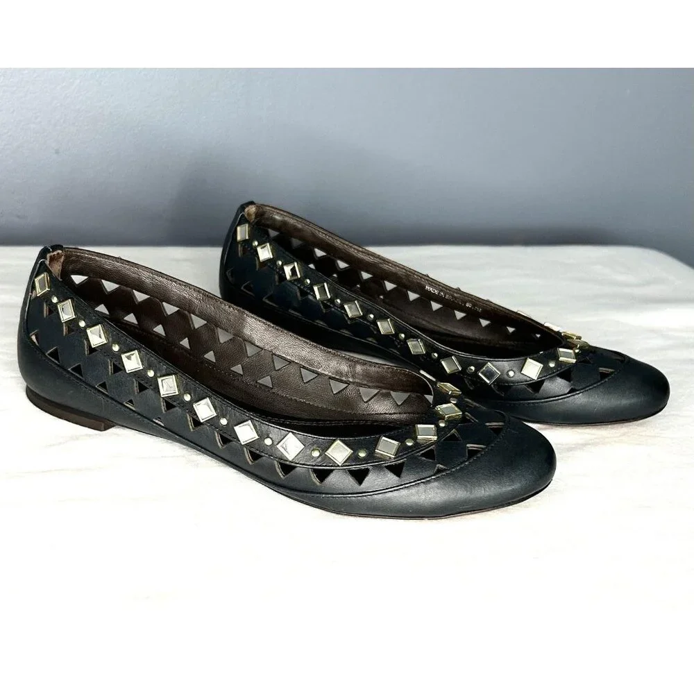 Tory Burch Shoes Womens 7 Black Kingsbridge Leather Ballet Flats Mirrored Cutout